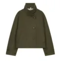 Olive green short wool coat with high collar, asymmetric button closure and long sleeves. - Army Green