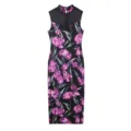 Mouwloze zwarte midi-jurk met een levendige paarse bloemenprint en een elegante doorschijnende mesh kraag. - S / Dresses / Paars