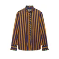 Women long sleeve vertical stripe blouse with ruffled stand collar and lettuce trim detail. - XS / Tops / Orange Blue Stripes