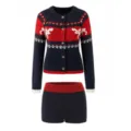 Vintage Christmas reindeer knit cardigan and high-waisted shorts cozy set for women - S / Top And Bottom / Black and Red Colorblock