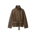 Women brown suede jacket with stand collar and belt, stylish retro casual outerwear coat. - XS / Tops / Brown