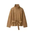 Brown suede jacket detail showing the high standing collar, matching belt, and buttons. - XS / Tops / Khaki