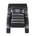 Dark grey off-the-shoulder knit sweater featuring classic Fair Isle snowflake and heart patterns for women. - S / Tops / Gray