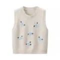 Chaleco de punto para mujer cuello redondo bordado floral azul sin mangas top casual - Talla única / Tops / Blanco lechoso