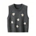 Chaleco de punto gris oscuro con bordado floral blanco 3D, cuello redondo, corte corto. - Talla única / Tops / Negro