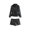 Detailed view of women black faux leather stand collar jacket and matching shorts set with gold buttons - XS / Top And Bottom / Black Set