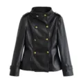 Black stand collar double breasted leather jacket detail, slim fit short outerwear view - XS / Tops / Black Jacket