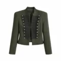 Women's dark green military jacket cropped stand collar gold buttons chic blazer - XS / Tops / Olive Green