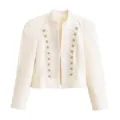 Women cropped military blazer stand collar gold buttons braided trim off white jacket - XS / Tops / White