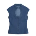 Vintage sleeveless denim top for women with hollow out chest and chic mandarin collar design. - XS / Tops