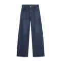 Close up view of dark blue high waist wide leg denim pants, retro casual jeans texture detail. - XS / Bottoms