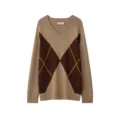 Autumn V-neck Argyle Contrast Color Loose Long Sleeve Knit Sweater for Women - XS / Tops / Camel