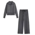 Dark grey knitted tracksuit set detail, zip-up cardigan and wide-leg trousers design. - S / Top And Bottom / Dark Gray