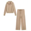 Women khaki knit set detail showing full-zip cardigan collar and drawstring waist trousers. - S / Top And Bottom / Khaki