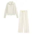 Detailed view of women cozy ribbed knit zip cardigan and elastic drawstring wide leg trousers. - S / Top And Bottom / White