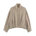 Women's brown checkered stand collar bomber jacket casual short plaid fashion outerwear - XS / Tops / Brown