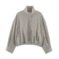 Detailed view of women casual plaid bomber jacket, short stand collar and gathered hem. - XS / Tops / Beige