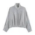 Blue and white checkered high neck short jacket with relaxed fit and button closure. - XS / Tops / Navy Blue