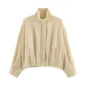Women brown gingham plaid cropped pilot jacket stand collar casual outerwear autumn new - XS / Tops / Beige