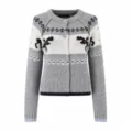Close up detail of women grey white Nordic elk jacquard knitted cardigan sweater knitwear. - S / Tops / Grey White Contrast