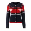 Retro reindeer knit cardigan featuring blue red design with festive snowflake motifs. - S / Tops / Black Red Color Block
