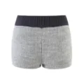 Detailed view of women high waist knitted shorts in grey and black. Cozy ribbed knit design. - S / Bottoms / Grey White Contrast
