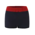 Detail view of high-waist knit shorts with contrast red ribbed waistband and navy texture. - S / Bottoms / Black Red Color Block