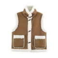 Close-up detail of women brown fleece vest with sherpa patchwork and cute toggle buttons. - One Size / Tops / Brown