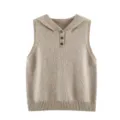 Chaleco de punto con capucha y abotonadura, diseño sin mangas, ideal para usar en capas de ropa. - Talla única / Caqui