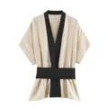 Contrast color lapel and wide belt detail of the new Chinese style striped top. - XS / Tops / Off White