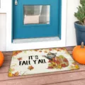 Autumn cat doormat scene detail, cozy porch entrance floor mat with fall leaves and pumpkin decor. - Cat-6