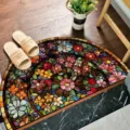 Detailed view of half-circle doormat with vintage stained glass floral pattern for entry. - Stained Glass Floral