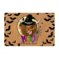 Halloween highland cow doormat detail view, cute witch hat bat pattern entrance floor mat. - Wsj-4