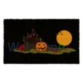 Halloween doormat detail view, scary pumpkin and castle print, non-slip entrance floor mat. - Wsj-8