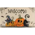 Detailed view of Halloween doormat featuring cute pumpkins, black cats and spooky ghost design. - Style WSJ-10
