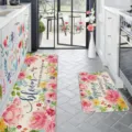 Kitchen floor mat set, watercolor floral runner and small mat with inspiring text, anti-slip. - Pink Peony