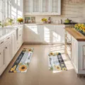 Kitchen floor mat set detail featuring sunflower wood plank design for home decor and comfort. - Sunflower Wood Grain