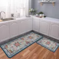 Kitchen rug set, non-slip runner and mat, vintage bohemian floral pattern for home use. - Bohemian Print