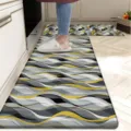 Modern geometric kitchen mat set, non-slip grey and yellow wave pattern runner rug. - American Kitchen Mat 529-9