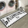 Laundry room floor mat with cute dog footprints and plaid border, anti-slip runner rug for home. - C1-Grey