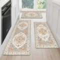 Vintage Persian kitchen mat 3-piece set, non-slip runner rug for home floor decor. - Beige