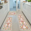 Detail view of floral kitchen runner rug set in modern kitchen, botanical pattern, non-slip. - 40*60cm / Bohemian Floral Kitchen Mat - Beige Pink