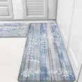 Retro wood grain kitchen mat set detail, non-slip absorbent floor rug for home cooking. - Light Blue