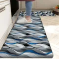 Modern geometric kitchen mat set, anti-slip blue and grey floor runner, detail view. - American Kitchen Mat 529-12
