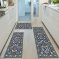 Detailed view of the 3-piece kitchen runner mat set featuring vintage floral prints. - Bohemian Floral Kitchen Mat - Dark Blue Green
