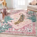 Boho vintage style rug with tiger pattern and tropical leaf design for living room and bedroom. - 140*200cm / Pink
