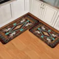 Southwestern style kitchen floor mat set, geometric turquoise feather print, 2-piece runner rugs. - 40*60cm / American Kitchen Mat 529-2