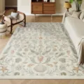 Coastal theme living room rug detail, retro marine shell and starfish pattern, soft fabric material. - Retro Coastal (5)