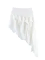 Close-up detail view of white asymmetric skirt, flowing ruffle hem, elegant drape design. - S / Bottoms / White