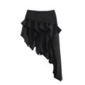 Detailed view of the black irregular ruffle midi skirt, showcasing unique drape and ribbon design. - S / Bottoms / Black